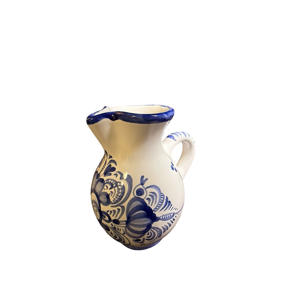 Modra Slov Ludova Majolika Cobalt Blue White Floral‎ Ceramic Mini Pitcher Czech